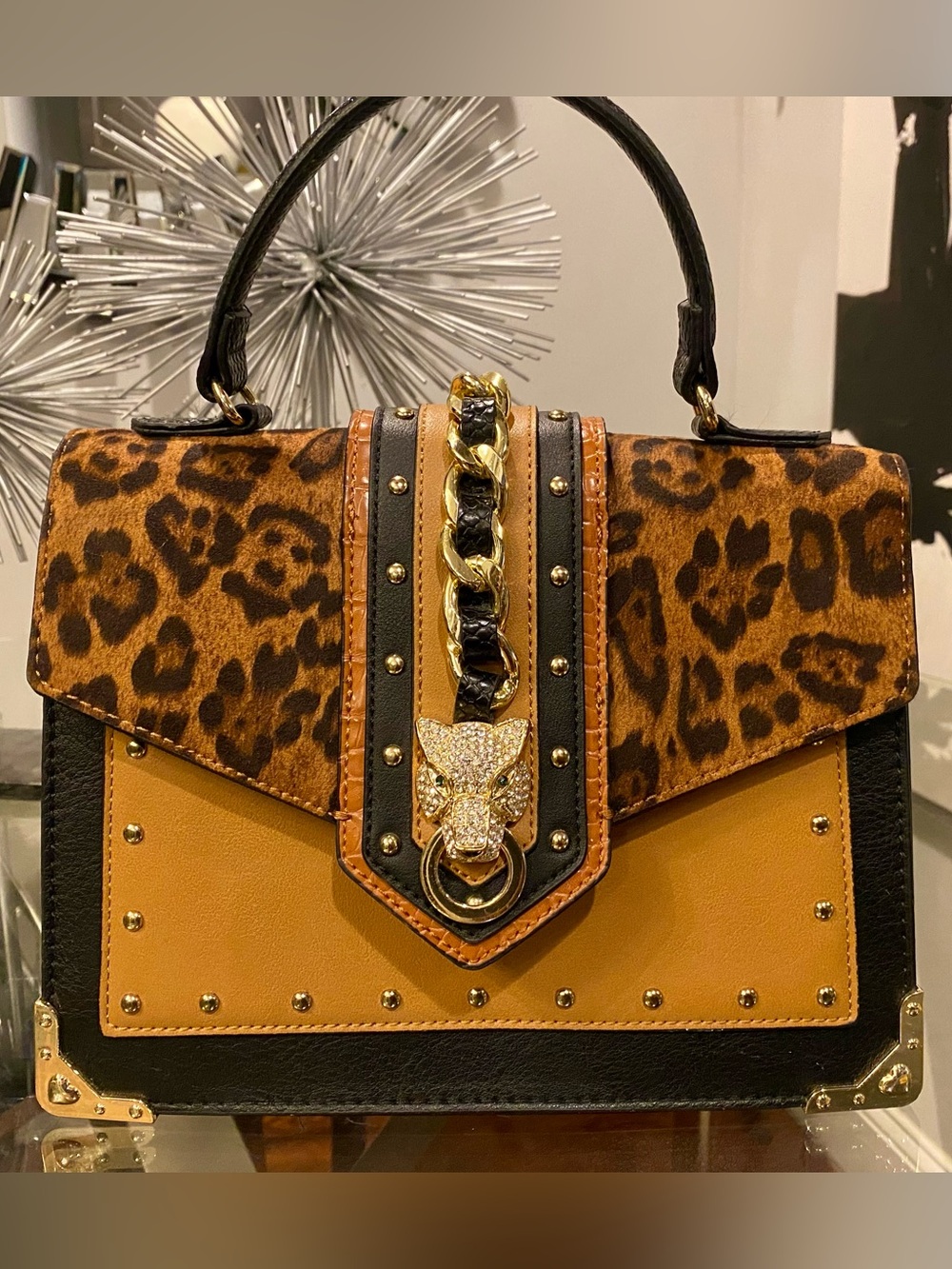 Women’s ALDO Leopard Print Purse/Shoulder bag  with Gold Panther Accent